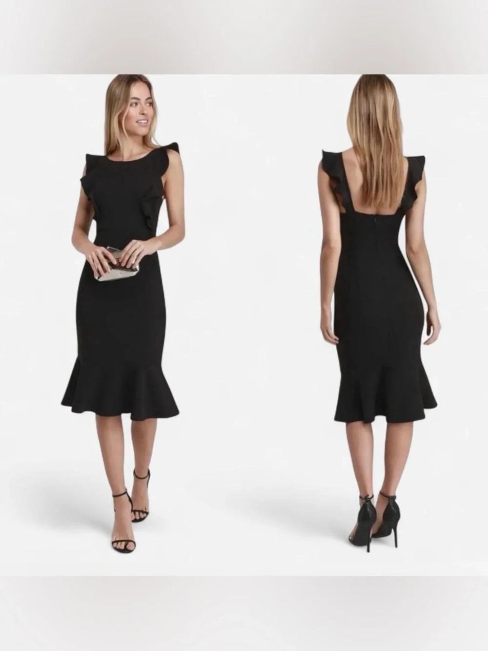 Lulu's Small Black Ruffle-Trim Midi Dress Formal Cocktail Wedding Guest Bodycon - Picture 1 of 8